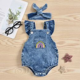 Ademend baby meisjes outfit, baby zomer creatieve regenboog borduurwerk vlieg mouw kant decoratie denim romper + hoofddeksels set