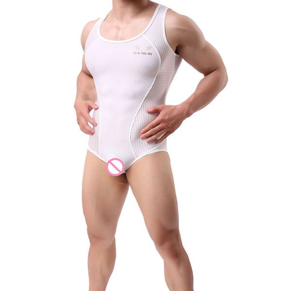 Respirant hommes Sexy justaucorps maille gilet sous-vêtement Fitness lutte Singlet une pièce musculation body mâle mince maillots de bain