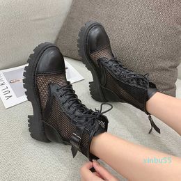 Botines de mujer de malla transpirable, zapatos informales con cordones y cremallera en color negro y Beige, botas geniales con plataforma plana para mujer