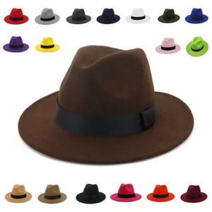 Couleur solide respirante classique noir élastique Fedora chapeau unisexe laine de laine de laine en feutre de jazz élégant femmes femmes larges brim panama trilby cap 240401