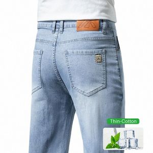 Respirant Ultra-mince Jeans décontractés droits hommes Fi Stretch Cott pantalon mince élasticité doux mâle Denim pantalon bleu K8A7 #