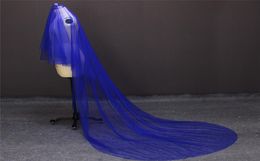 Voile de mariage bleu à couper le souffle, sans peigne, 3 mètres, bord coupé, monocouche, sans peigne, voile de mariée 1654867