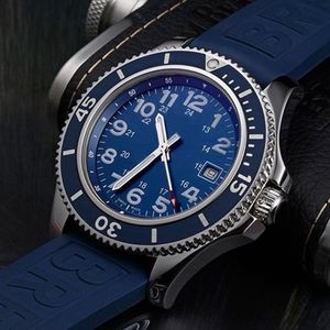 Breit Super Ocean Mechanical Watch Men's Fashion Blue Dial Automatic Mens Bekijk Blue Bezel Silver Case Rubber Riemheren Spo297H