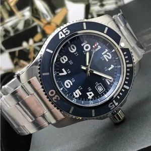 Breit Super Ocean Mechanical Watch Men's Fashion Blue Dial Automatic Mens Bekijk Blue Bezel Silver Case Rubber Riemhenden Sport Polshipes