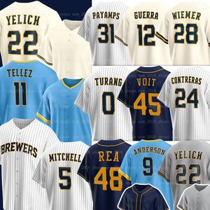 22 Christian Yelich Maillot de baseball Milwaukee Rowdy Lorenzo Cain Tellez Brewers Devin Williams Willy Adames Jesse Winker Brice Turang Sal Frelick Garrett Mitchell