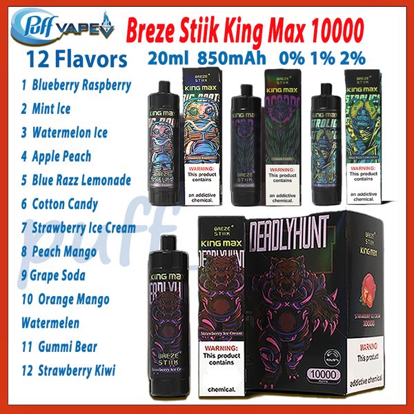 Breze Stiik King Max 10000 Puff Barre de vapoteur de cigarette électronique jetable avec indicateur LED de puissance de batterie e-liquide rechargeable 850mAh 20ml Vapes pré-remplies