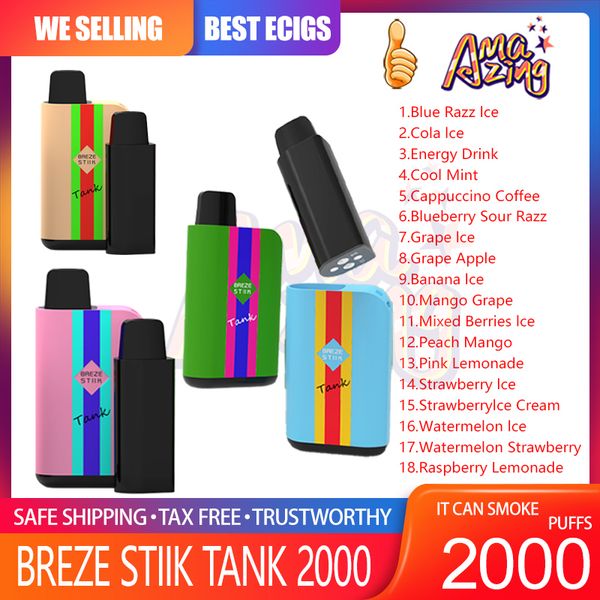 Breze Stiik Tank 2000 Puff Jetable E Cigarette Vape Pen 2% 5% Rechargeable 650mAh Batterie 6ML Capacité 2k Puffs