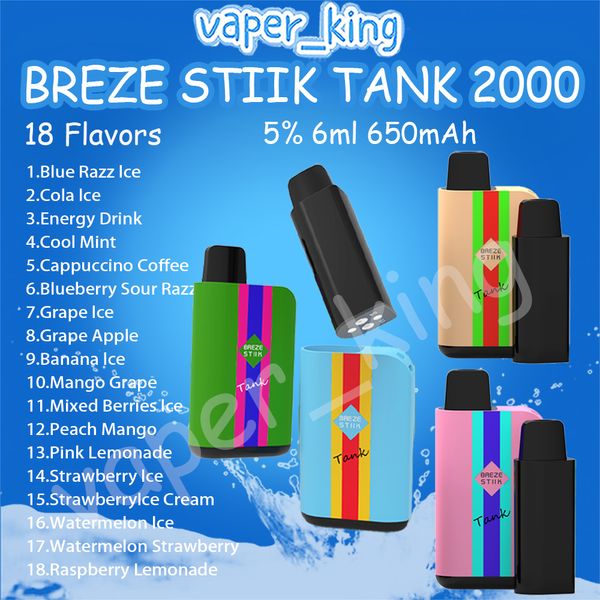 Breze Stiik Tank 2000 Puff Cigarrillos electrónicos desechables Bobina de malla 6 ml Pod 650 mAh Batería Cigarrillos electrónicos 2% 5% 18 sabores Puffs 2K Vape Pen