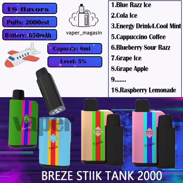 Breze Stiik Tank 2000 Puff Stylo Vape jetable 2% 5% Concentration 2k Puffs 18 Saveurs 6ml Cartouche préchargée 650mAh Cigarette électronique rechargeable