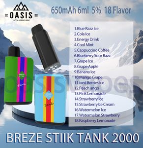 Breze Stiik Tank 2000 Rookwolken Sigaretten Wegwerp Vape Pen 2% 5% Vervangbare Pod 6ml 18 kleuren 650mAh Batterij Vaporizer Dampapparaat