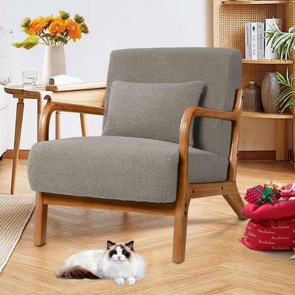 Chaise de salon moderne et médiévale en brique, fauteuil de lecture Sherpa avec coussin de taille et cadre en bois massif, adapté au balcon de la chambre à coucher, gris