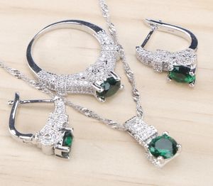 Bridal 925 Sterling zilveren sieradensets Groene zirkonia stenen oorbellen voor vrouwen bruiloft sieraden met ring hanger ketting set c095696237