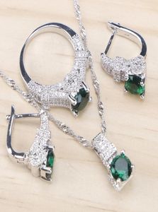 Bridal 925 Sterling zilveren sieradensets Groene zirkonia stenen oorbellen voor vrouwen bruiloft sieraden met ring hanger ketting set c096167068