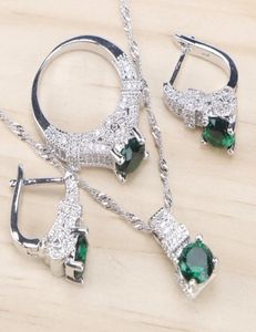 Bruidssieradensets van 925 sterling zilver Groene zirkoniasteen oorbellen voor dames Bruiloft sieraden met ring en hanger kettingset C095675082