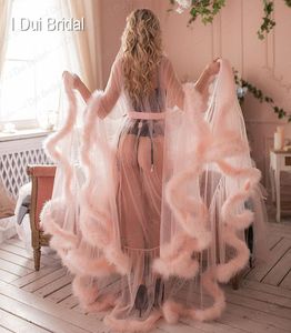 Robe Boudoir de mariée en plumes roses, transparente, effet d'illusion en Tulle, longue Robe en plumes d'anniversaire, Costume de fête de vacances, 1994446