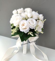 Bridal Bridal de honor Bouquet Flores de seda blanca Roses Artificial Bride Boutonniere Pins Mariage Bouquet Accesorios de boda9495633
