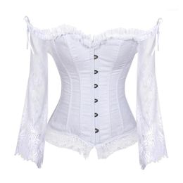 Hauts Corset de mariée pour femmes avec manches Style victorien rétro Burlesque dentelle Corset et bustiers gilet de mariage mode White261d