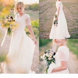 Robes de robe de campagne nuptiale Marriage sur mesure sur mesure plus taille en mousseline en mousseline en mousseline à mousseline à manches courtes faille en V