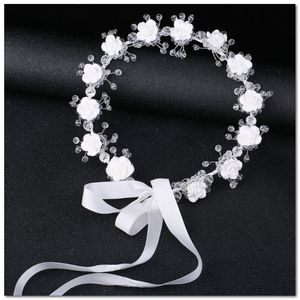 Cristal de mariée blanc mariage fleur couronne filles stéréo ruban arcs couronne de princesse fête des enfants guirlande accessoire de cheveux