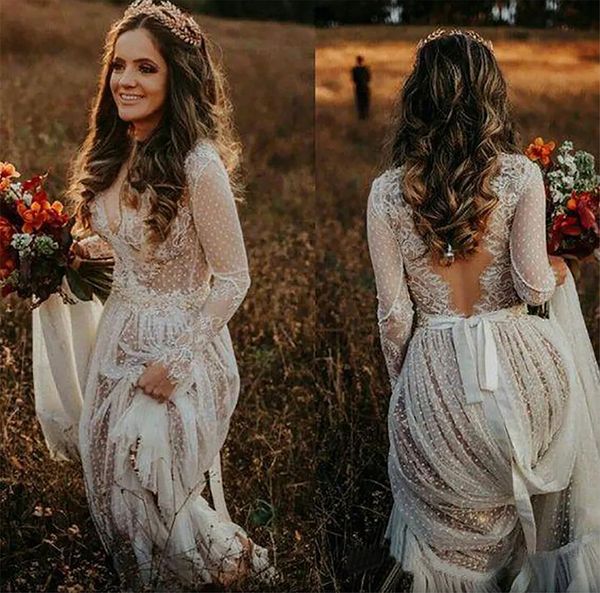 Vestidos de novia transparentes 2023, corte en A, espalda descubierta, manga larga, vestidos de novia bohemios de campo, vestidos de novia de encaje de tul para playa, batas de mariee