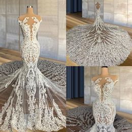 Bruidsjurken kant prachtige jurk bruiloft Mermaid applique illusie lijfje mouwloze kapel trein backless op maat gemaakte landvestidos de novia