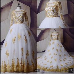 Bruidsjurken lange bruiloft mouwen jurk met gouden kanten applique schep nek plus size vestido de novia op maat gemaakte Afrikaanse een lijn illusie
