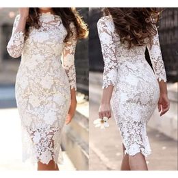 Bruidsjurken zeemeermin jurk bruiloft kant 3/4 lange mouwen knie lengte op maat gemaakte land strand tule plus size vestido de novia