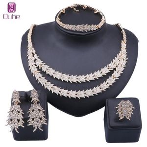 Bridal Dubai Gold Crystal Wedding Ketting Bracelet Earring Ring Sieraden Sets Nigeriaanse feest Women Fashion Jewelry Set2982