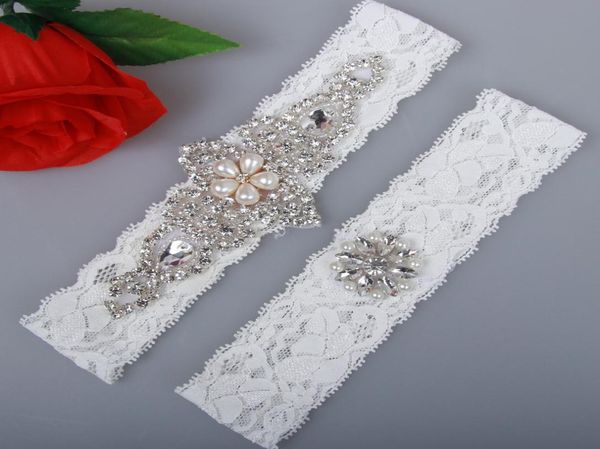 Ligas nupciales Liga de fiesta de encaje blanco Liga de boda nupcial 2 piezas conjunto Encaje Rhinestones Cristales Perlas En stock Cheap3324061