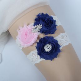 Bruidskouterijsten Rhinestone Crystal Beads 2pcs Set vrije maat Pink Blue Chiffon Flowers For Bride's Wedding Garters Leg Garters Plus Size 18089