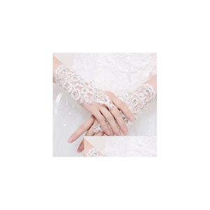 Gants de mariée en dentelle de diamant sans doigts, avec crochet perlé, court, livraison directe d'usine, accessoires pour événements de fête, Dh5Dq