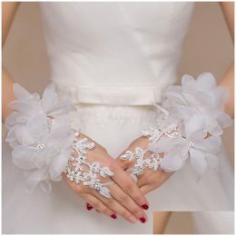 Gants de mariée longueur de poignet court élégant sans doigts dentelle appliques main porter des accessoires de mariage livraison directe événements de fête Dhuqs