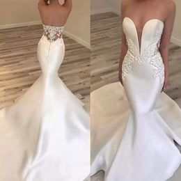 Bridal prachtige jurken zeemeermin trouwjurk kanten applique op maat gemaakte sweetheart halslijn satijn sweep trein plus size vestido de novia