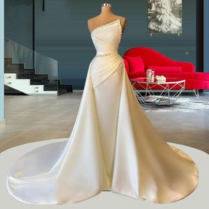 Bruidsjurk Sparkly Crystals Mermaid Geplooide Trouwjurken 2022 Dubai Saudi Longue Parels Satijn Robe de Mariee Vestidos Noiva