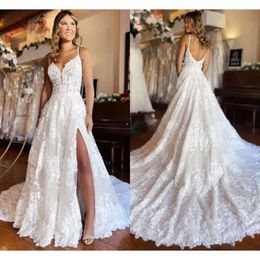 Robes de mariée de robe de mariée magnifiques bretelles Spaghetti Spaghetti Sans manches applique tulle une ligne ruched Custom Plus Size Country Beach Vestido de