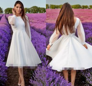 Bruidsjurken Elegante Korte Trouwjurken Kant Tule Modeste Lange Mouw Ronde Neck Bohemian Beach Garden 2022 Vestido Novia Robe de Mariée