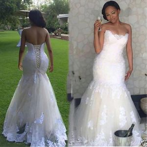 Robes De Mariée Robes De Mariée Ivoire Sirène Trompette Nouveau Personnalisé Grande Taille Balayage Train Applique Chérie Sans Manches Dentelle Blanc À Lacets Fermeture Éclair Tulle Perlé