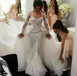 Robes de mariée en dentelle rétro robes de mariée avec détachable tulle bijou cou pure manches longues perles broderie élégante 2022 robe de mariée vestidos de noiva