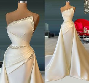 Robes de mariée cristaux scintillants sirène robes de mariée plissées 2022 Dubaï saoudien longues robes avec train détachable de soirée robes de novia