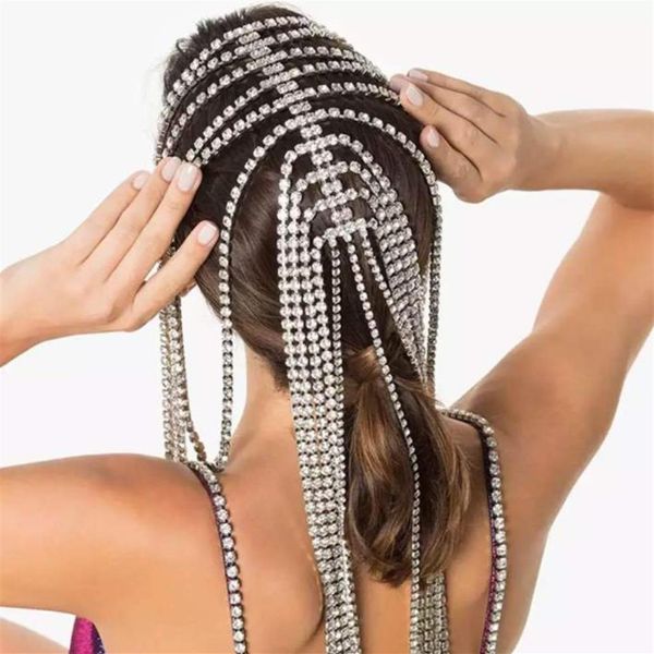 Diadema nupcial con diamantes de imitación, accesorios de cadena para el cabello con borlas largas para mujer, cadena de cabeza de varios hilos de cristal, joyería para el cabello 245k