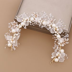 Bruids headpieces Band Nieuwe Pearl Flower Hair Band Hand geweven bladgoud hoofdtooi