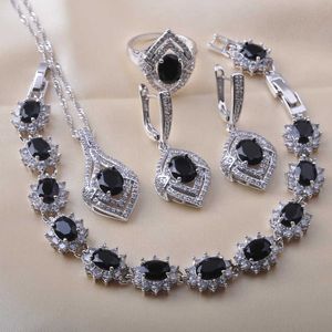 Bruids sieraden sieraden sets zilveren kleur voor vrouwen bruiloft zwarte zirkonia armband ketting oorbellen ring verjaardag geschenken QS0610 H1022