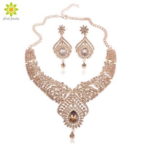 Ensembles de bijoux de mariée couleur or cristal fête accessoires de costume de mariage collier boucles d'oreilles ensemble cadeaux pour femmes bijoux indiens H1022