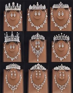 Bruidsjuwelen sets Pearl Tiaras en kronen ketting en oorbellen Set hoofd bruiloft sieraden Koning Koningin Princess Crown Women Party7021117