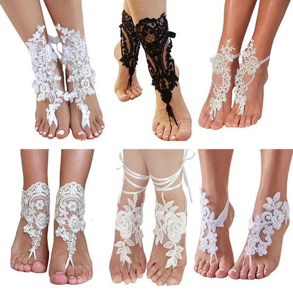 Tobilleras de encaje nupcial Boda Sandalia descalza Blanco Marfil Negro Joyería para pies de playa Tobilleras nupciales Brazaletes Suministros de boda 240119