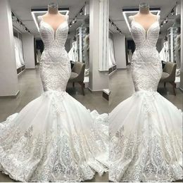 Bruids zeemeermin riemen spaghetti jurken jurk bruiloft kralen pailletten kanten applique op maat gemaakte plus size vestidos chapel tuin