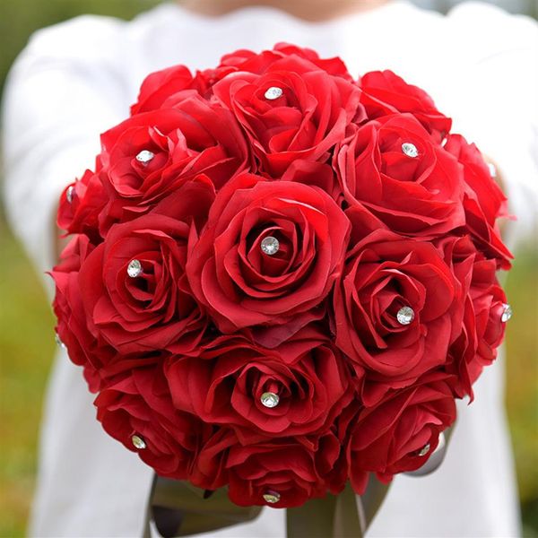 Bouquet de roses rouges de mariée romantique, fleurs artificielles, décoration de mariage à domicile, Bouquet de mariage avec Crystal259n