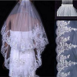 Veille à paillettes de mariée 2 couches bord en dentelle avec voile peigné veille de mariage en ivoire blanc tulle velos de novia accessoires de cheveux de mariée CH2141632