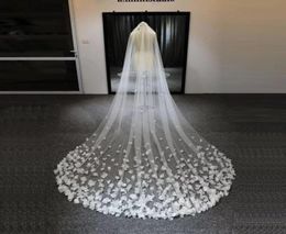 Voile de mariée 3M de Long, fleurs 3D, dentelle florale blanche luxueuse pour mariée avec peigne, velos de novia Cathedral5234740