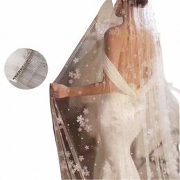 Voile de mariée avec perles Voile de mariage floral Lg Frs Voile Cristaux exquis Une couche Cathédrale blanche pour la mariée 350cm 24Ap #